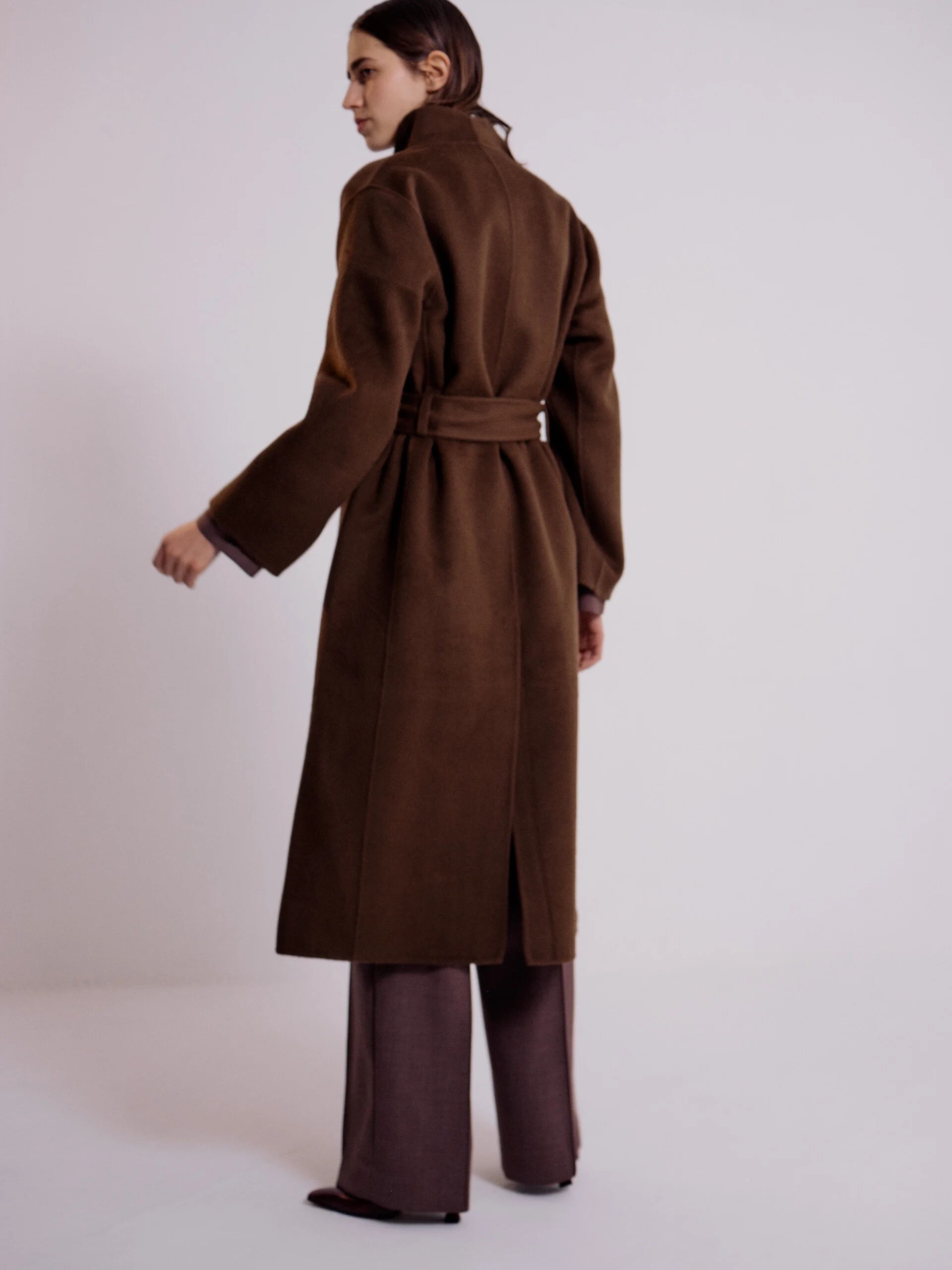 CASHMERE BLEND HANDMADE BELTED COAT - OLIVE BROWN — MIJEONG PARK